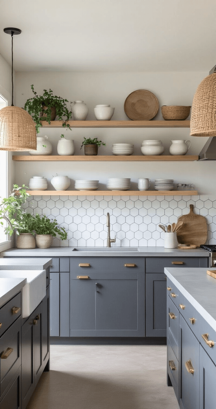Dark Gray Kitchen Cabinets: The Ultimate Style Guide for a Sophisticated Modern Kitchen A Scandinavian-inspired kitchen featuring graphite gray cabinets, open shelving with ceramics and plants, concrete countertops, and a hexagon tile backsplash, illuminated by cool morning light. Rattan pendant lights add texture to the calm and collected atmosphere.