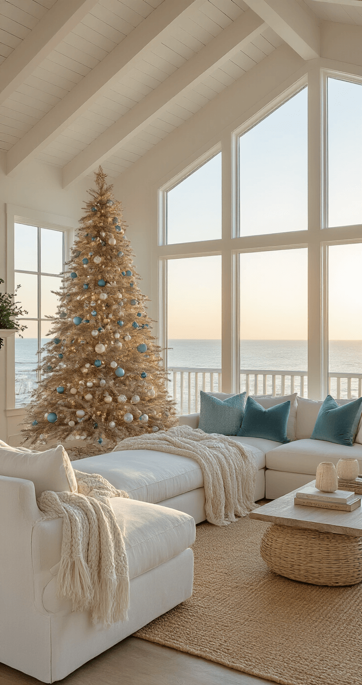 Coastal Christmas Decor: Transform Your Home into a Seaside Holiday Haven A coastal living room with vaulted ceilings, featuring a decorated driftwood Christmas tree and plush ivory sectional, bathed in golden hour light, with ocean views and delicate prism effects from capiz shell garlands.
