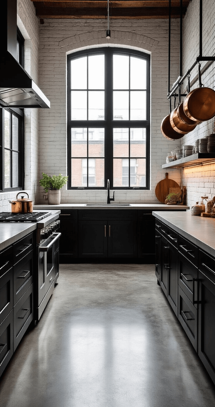 The No-Upper-Cabinet Kitchen: A Bold Design Statement A stylish industrial chic kitchen with polished concrete floors, blackened steel lower cabinets, and a white-painted exposed brick wall. A suspended black metal pot rack showcases copper cookware, and under-cabinet LED lights illuminate the concrete countertops. Large factory-style windows fill the space with natural light, emphasizing the vertical architecture and creating depth through shadow play.