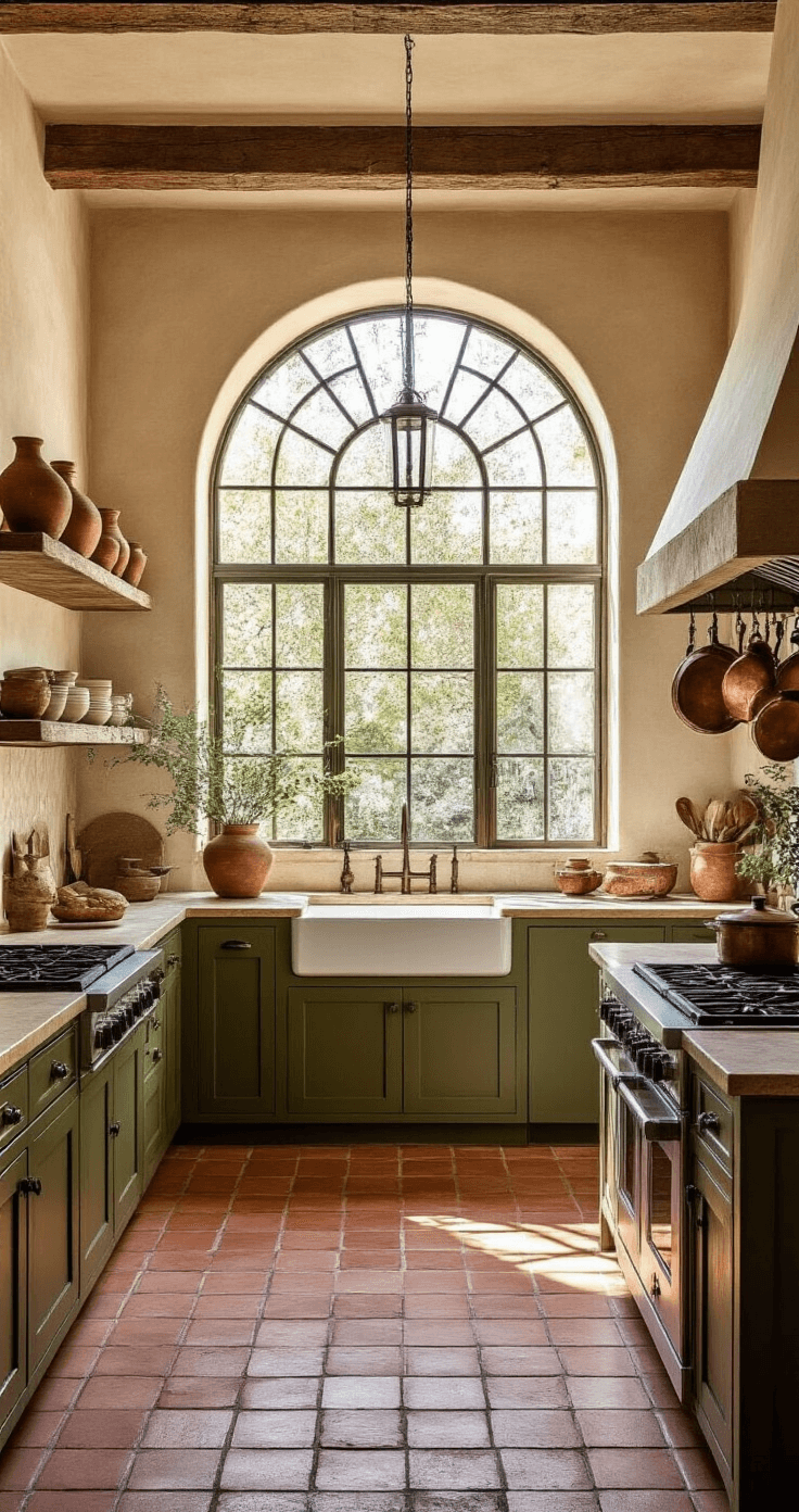The No-Upper-Cabinet Kitchen: A Bold Design Statement A Mediterranean-inspired kitchen featuring terracotta floors, 15-foot arched windows, deep olive green lower cabinets, textured cream walls, and open iron shelving with artisanal pottery and copper vessels. A vintage brass pot rack is suspended from exposed wooden beams, while late morning light casts dramatic shadows, highlighting the spatial relationship between the cooking and dining areas. Warm fill light enhances the natural lighting.