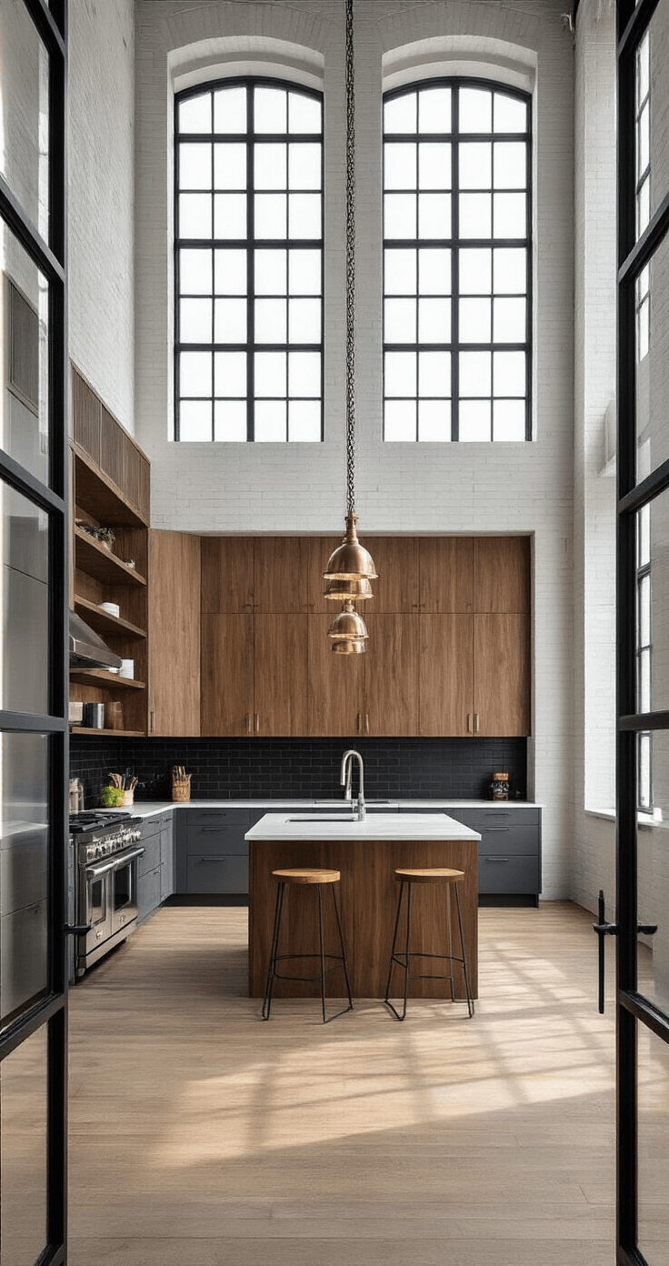 The No-Upper-Cabinet Kitchen: A Bold Design Statement A modern urban loft kitchen with 20-foot ceilings, featuring sleek graphite gray cabinets, a warm walnut storage wall, matte black subway tiles, and aged brass pendant lights, illuminated by afternoon light creating geometric patterns.