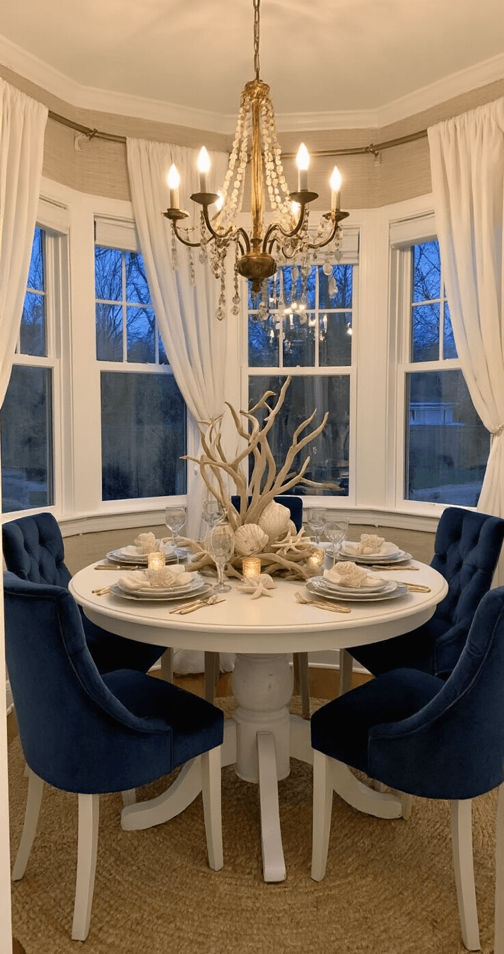 Coastal Christmas Decor: Transform Your Home into a Seaside Holiday Haven A cozy dining nook featuring a round whitewashed table set for a coastal Christmas, surrounded by navy velvet chairs, with a brass chandelier above and sheer linen curtains framing bay windows, all illuminated by warm lighting against textured grasscloth wallpaper.