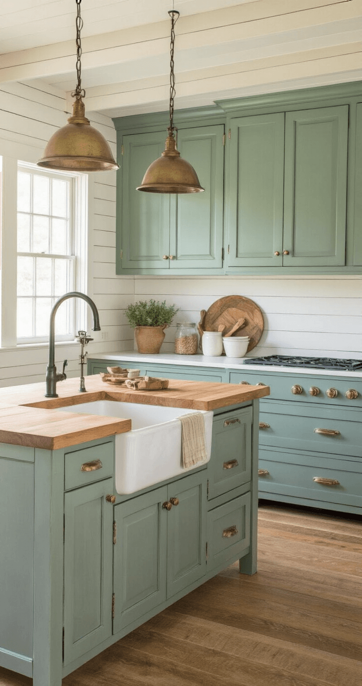 Teal Kitchen Cabinets: A Bold Design Statement for Modern Homes A beautifully styled farmhouse kitchen featuring sage-teal cabinets, a rustic butcher block island, white shiplap walls, and an apron sink, accented by vintage-style aged brass pendants, all illuminated by warm golden hour light.