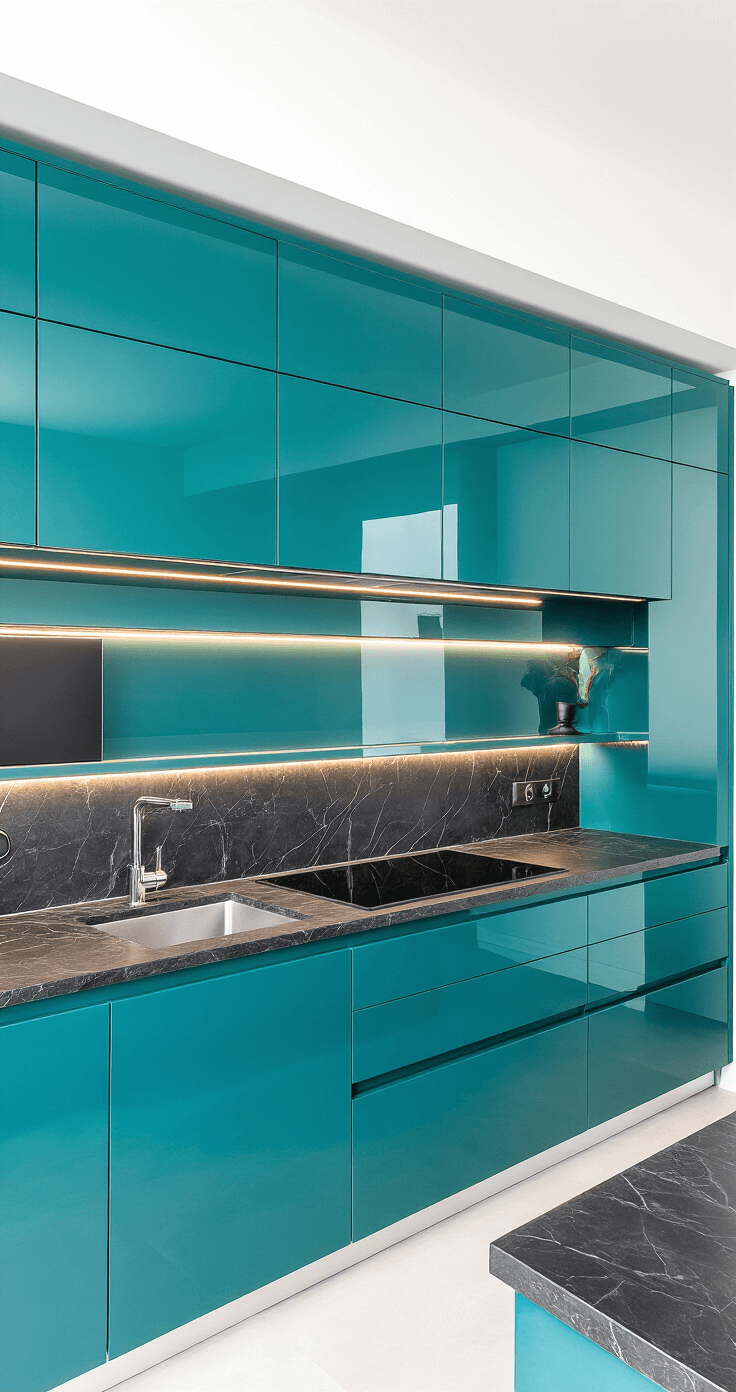 Teal Kitchen Cabinets: A Bold Design Statement for Modern Homes Ultra-modern minimalist kitchen featuring high-gloss teal cabinets with integrated handles, black stone countertops, and LED under-cabinet lighting, shot straight-on to emphasize symmetry and sophistication.