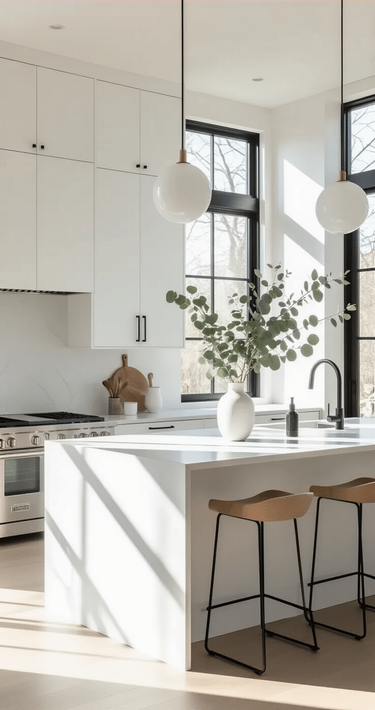 Crafting Functional Kitchen Cabinets: Your Ultimate Design Guide A modern minimalist kitchen featuring white floor-to-ceiling cabinets, a dove grey quartz island, and stainless steel appliances, illuminated by morning sunlight through frameless windows.