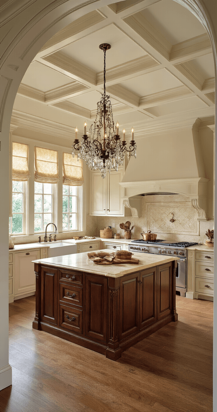 Crafting Functional Kitchen Cabinets: Your Ultimate Design Guide Spacious traditional kitchen with cherry wood cabinets and cream marble countertops, featuring butcher block island and copper fixtures, illuminated by warm afternoon light and a crystal chandelier.
