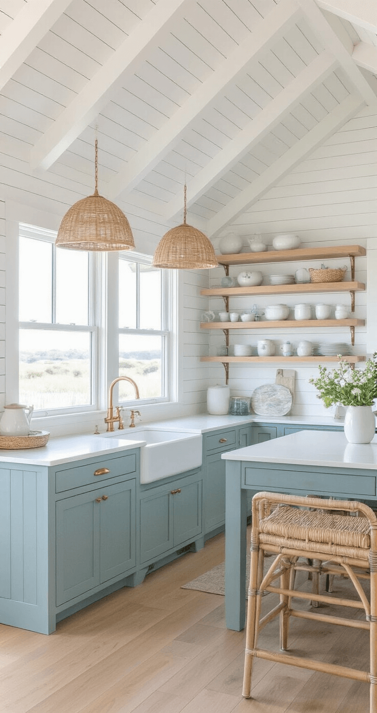 Crafting Functional Kitchen Cabinets: Your Ultimate Design Guide A bright coastal kitchen featuring seafoam blue shaker cabinets, white quartz countertops, and brass hardware, illuminated by early morning light streaming through bay windows, with woven pendant lights above the island and open shelving displaying white ceramics and sea glass.