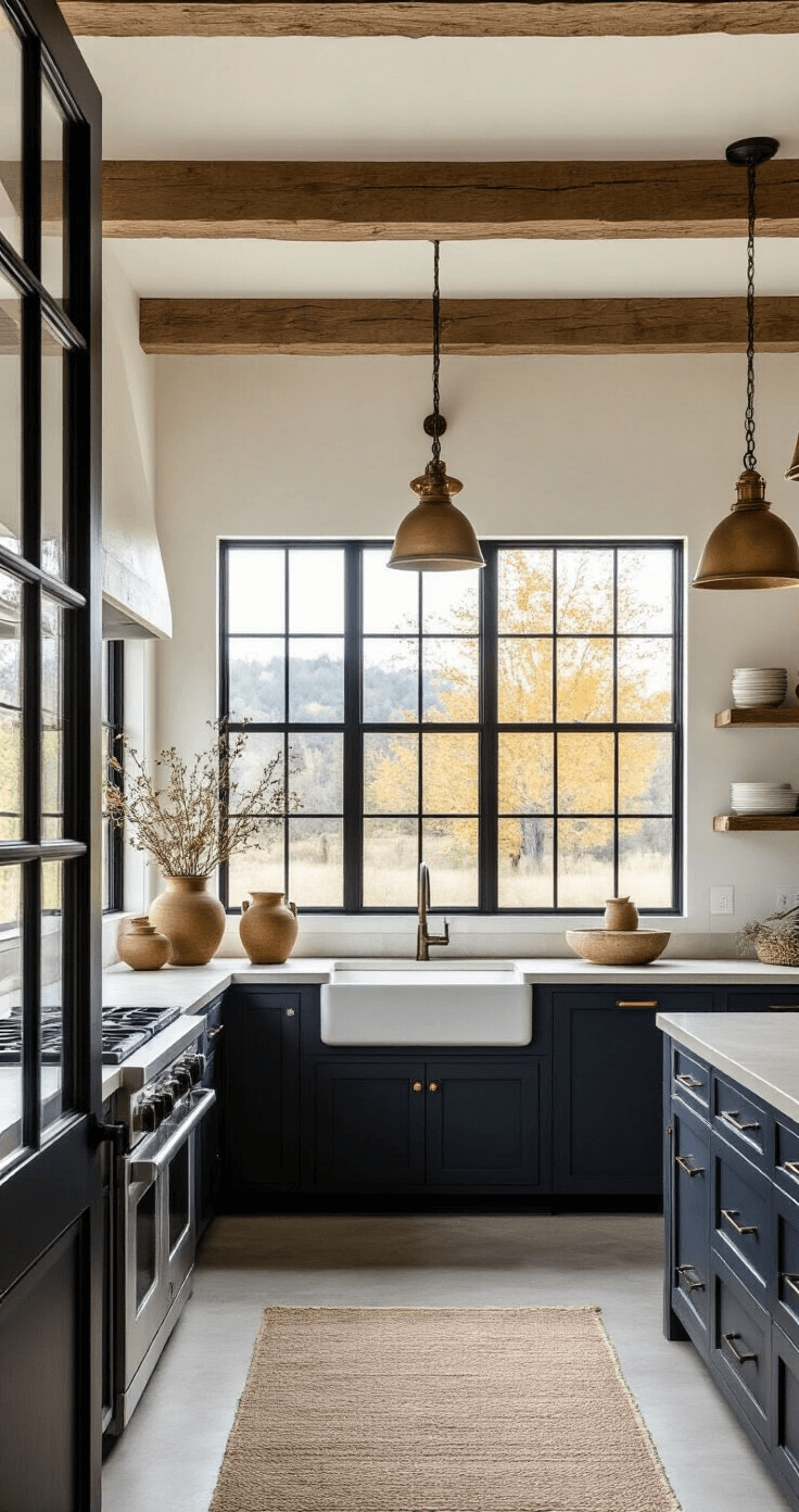 Crafting Functional Kitchen Cabinets: Your Ultimate Design Guide A modern farmhouse kitchen featuring exposed wooden beams, two-tone cabinets, concrete countertops, and vintage-style pendants, illuminated by golden hour light from black-framed windows.