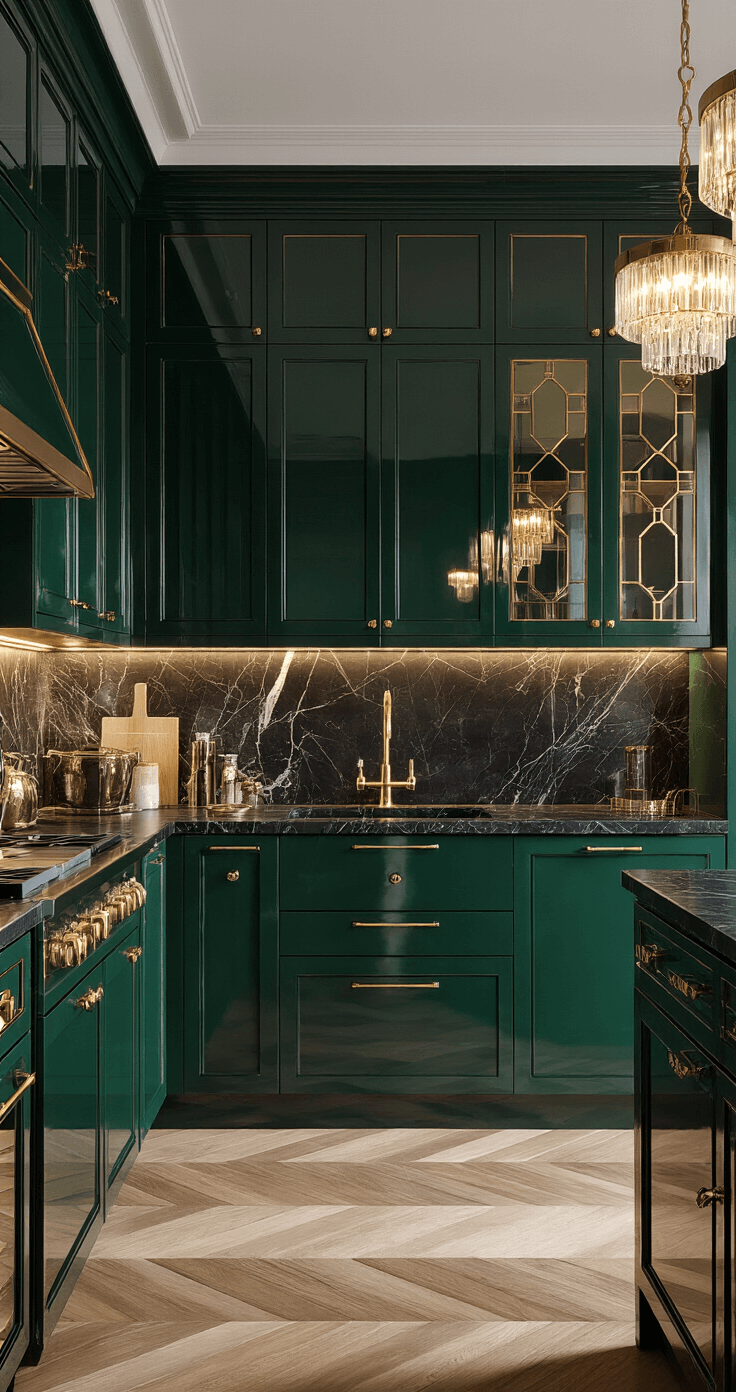 Crafting Functional Kitchen Cabinets: Your Ultimate Design Guide A luxurious Art Deco kitchen featuring high-gloss emerald green cabinets, black marble countertops, and an antiqued mirror backsplash, illuminated by elegant crystal and brass fixtures against a dramatic evening lighting backdrop.