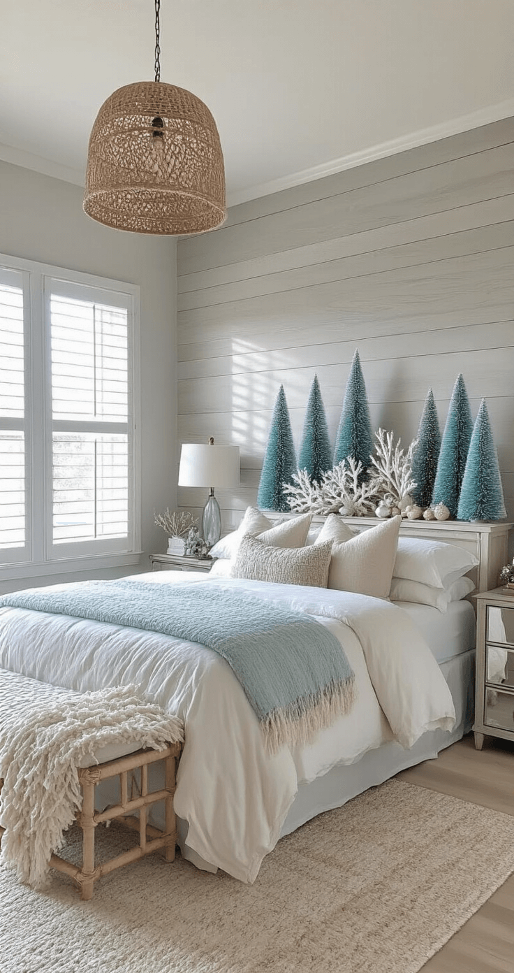Coastal Christmas Decor: Transform Your Home into a Seaside Holiday Haven A beautifully styled master bedroom featuring a king bed against a weathered gray shiplap accent wall, adorned with layered bedding in sandy neutrals and seafoam. A coastal Christmas vignette on a mirrored console showcases blue bottle brush trees, silver coral sculptures, and mother-of-pearl ornaments. Woven seagrass pendant illuminates the space, creating intricate shadow patterns, as natural light filters through plantation shutters.