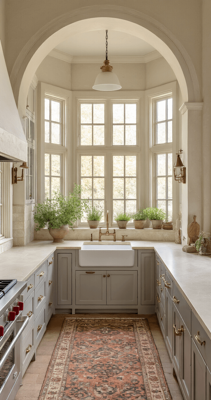 Gray Kitchen Cabinets: The Ultimate Design Chameleon for Modern Homes Transitional L-shaped kitchen featuring medium gray cabinets with woodgrain texture, cream limestone counters, and antique brass hardware, illuminated by golden hour light through divided light windows. A vintage runner rug, potted herbs, and mixed metal accessories enhance the warm, inviting atmosphere, all viewed from a corner angle to highlight depth.