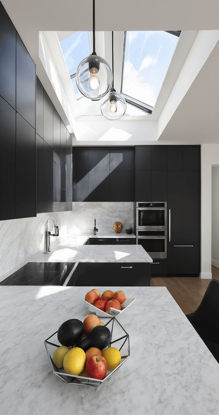 Gray Kitchen Cabinets: The Ultimate Design Chameleon for Modern Homes A contemporary galley kitchen featuring dark charcoal high-gloss cabinets, a white Carrara marble backsplash, and chrome fixtures, illuminated by midday natural light through a skylight, with minimalist black accessories and sleek appliances.