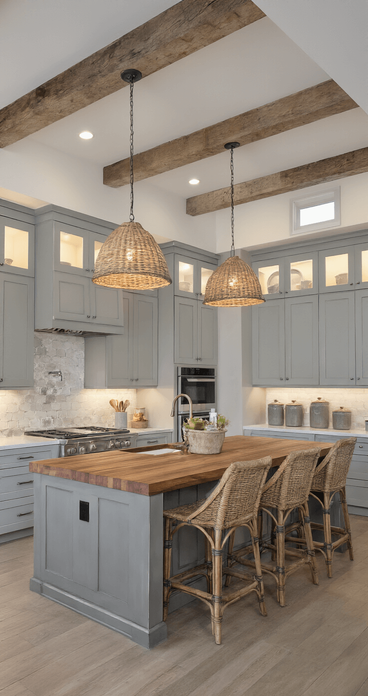Gray Kitchen Cabinets: The Ultimate Design Chameleon for Modern Homes A cozy open-concept kitchen features exposed beams and dusk lighting with under-cabinet LEDs, showcasing two-tone gray cabinets with light upper and medium lower shades. A walnut butcher block island sits at the center, surrounded by vintage-inspired bar stools, woven pendant lights, and ceramic canisters, viewed from the dining area.