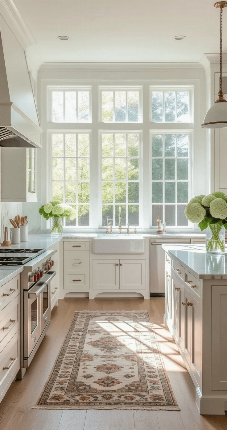 White Shaker Kitchen Cabinets: The Ultimate Design Guide for Timeless Elegance A spacious kitchen with white shaker cabinets and a Carrara marble island, illuminated by soft morning light from large east-facing windows, featuring a vintage Persian runner and fresh hydrangeas, all captured from a low corner angle.