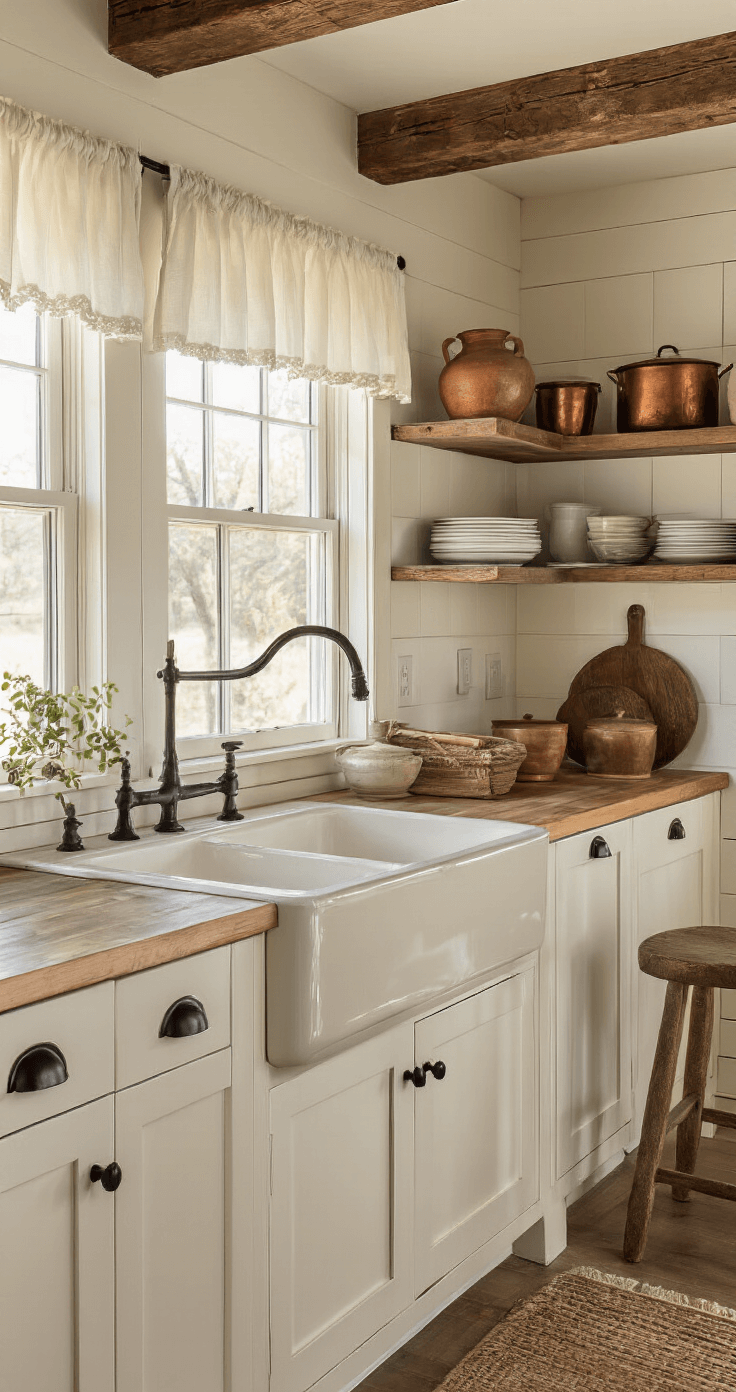 White Shaker Kitchen Cabinets: The Ultimate Design Guide for Timeless Elegance Intimate 45-degree view of a farmhouse kitchen at golden hour, featuring white shaker cabinets, a cream fireclay sink, exposed wooden beams, and artisanal pottery on open shelves, with warm rim lighting highlighting textures.