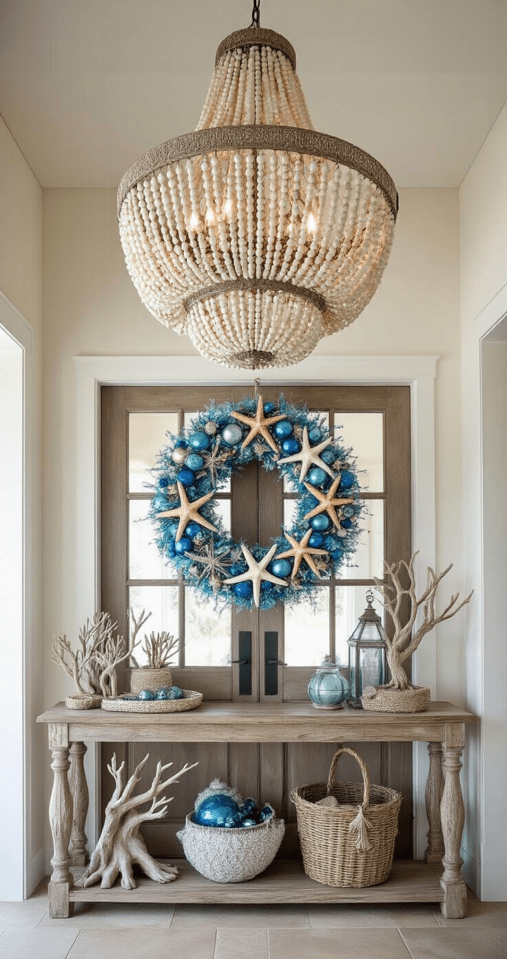 Coastal Christmas Decor: Transform Your Home into a Seaside Holiday Haven A bright entryway featuring a double-height ceiling and an oversized capiz shell chandelier. A statement coastal wreath adorns a weathered door, while a console table displays driftwood trees, mercury glass lanterns, and a woven basket of coastal ornaments, all bathed in cool natural light.