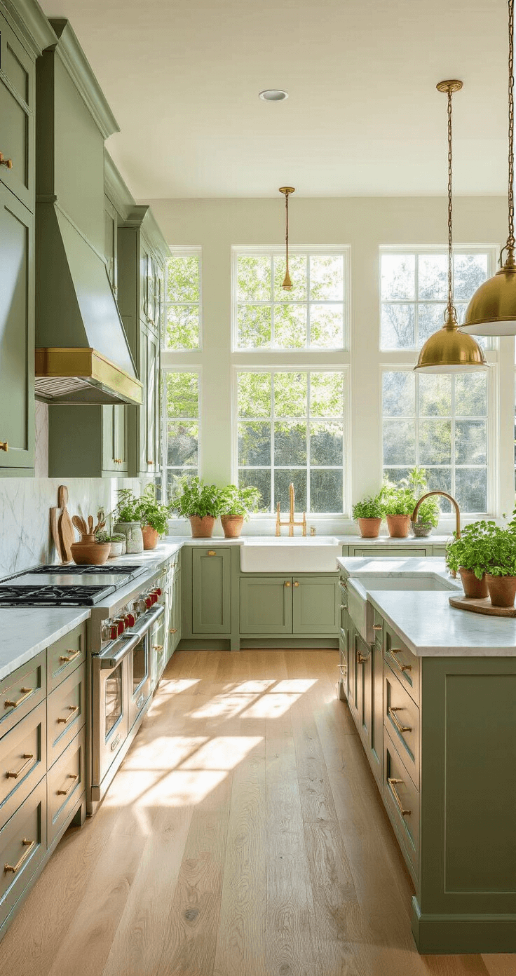 Light Green Kitchen Cabinets: Transform Your Culinary Space with Serene, Stylish Charm A sunlit contemporary kitchen featuring sage green shaker cabinets with brass hardware, white Carrara marble countertops, and a large island adorned with fresh herbs in terracotta pots, set against warm white oak flooring and illuminated by natural daylight from floor-to-ceiling windows.
