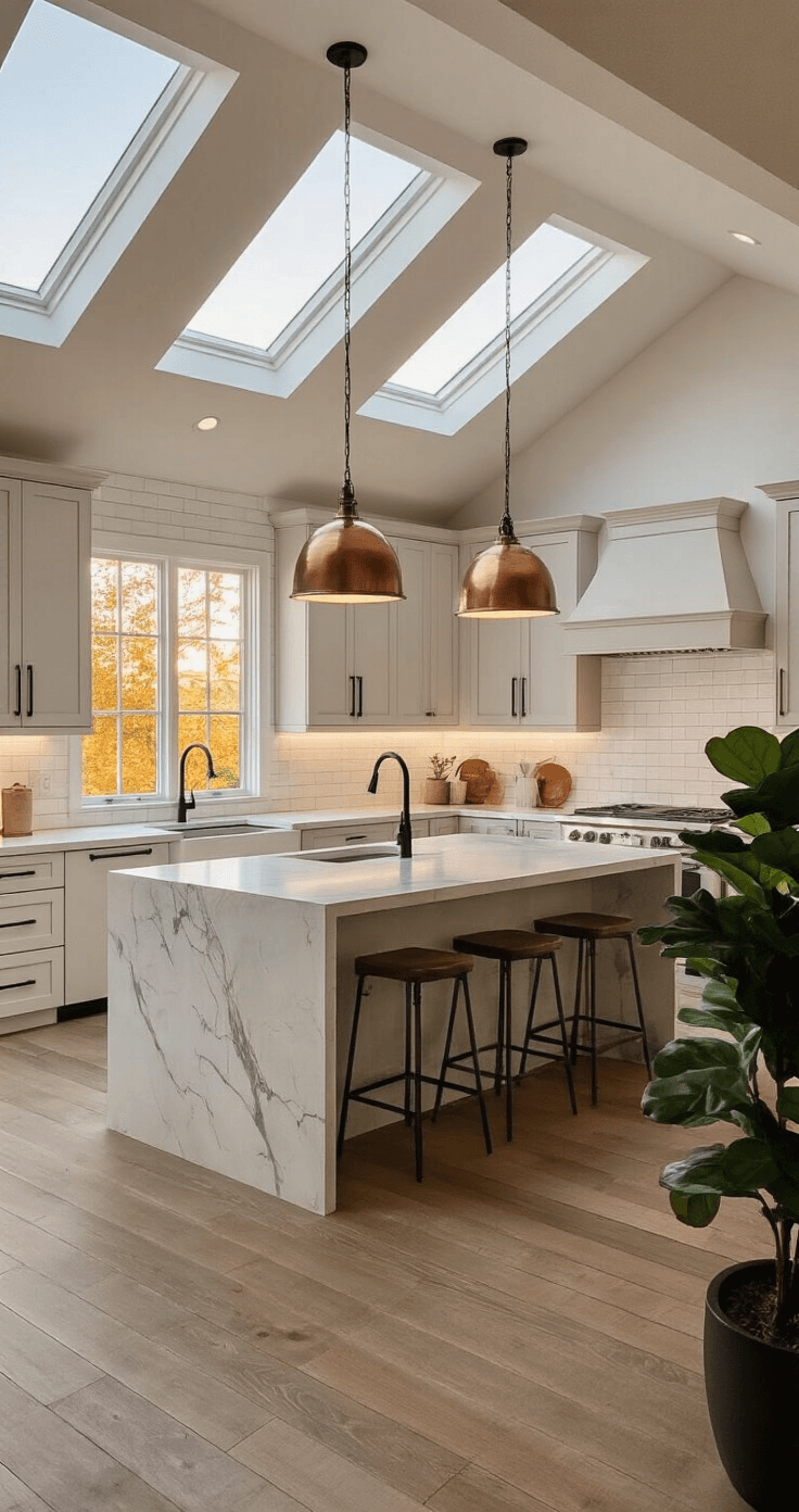 Light Green Kitchen Cabinets: Transform Your Culinary Space with Serene, Stylish Charm An L-shaped kitchen at golden hour features October Mist cabinets with matte black handles, a waterfall quartz island with aged copper pendant lights above, and a white subway tile backsplash. A dark potted fiddle leaf fig adds height in the corner, while warm sunset glow from skylights creates an inviting atmosphere.