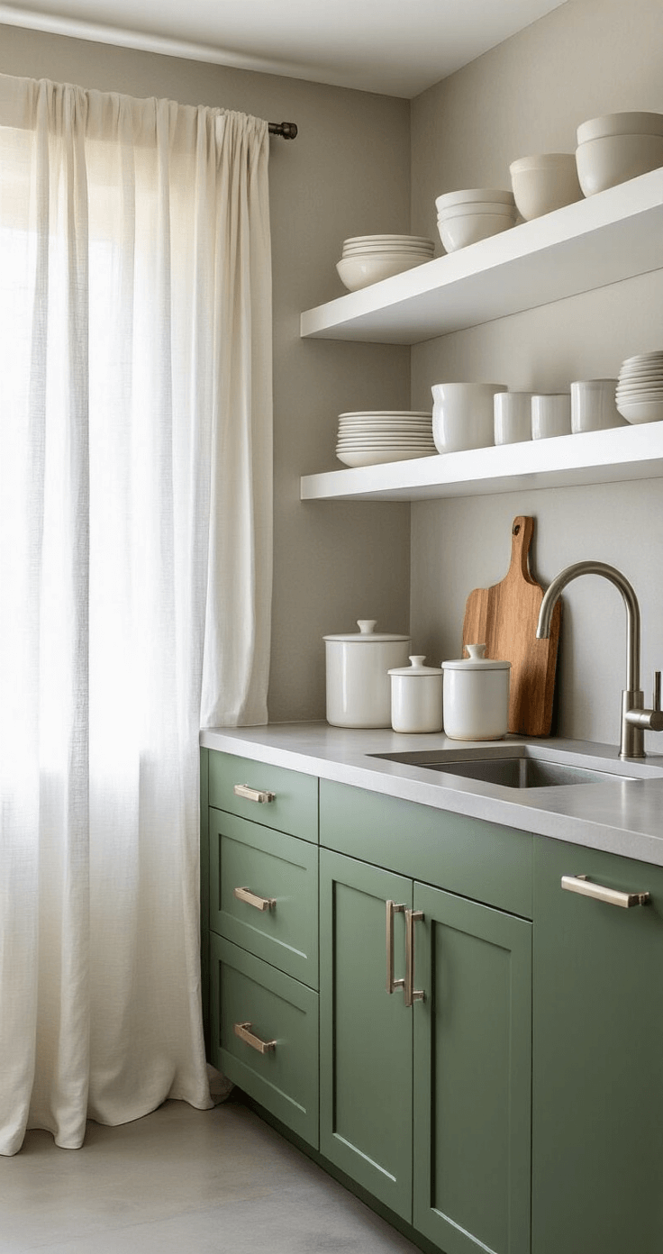 Light Green Kitchen Cabinets: Transform Your Culinary Space with Serene, Stylish Charm A minimalist galley kitchen featuring Flora green lower cabinets, white floating upper shelves, concrete countertops, and brushed nickel hardware, illuminated by soft morning light filtering through sheer linen curtains, with white ceramic vessels and natural wood cutting boards adding a contemporary touch.