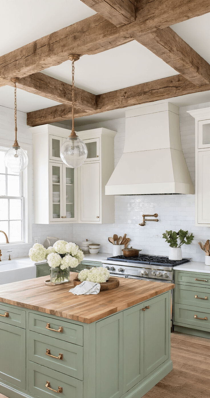 Light Green Kitchen Cabinets: Transform Your Culinary Space with Serene, Stylish Charm Modern farmhouse kitchen featuring sage green lower cabinets, white upper cabinets, exposed wooden beams, antique brass hardware, and milk glass pendant lights. A butcher block island topped with white hydrangeas is central to the layout, bathed in diffused natural light and warm spotlighting, creating a rustic refined atmosphere.