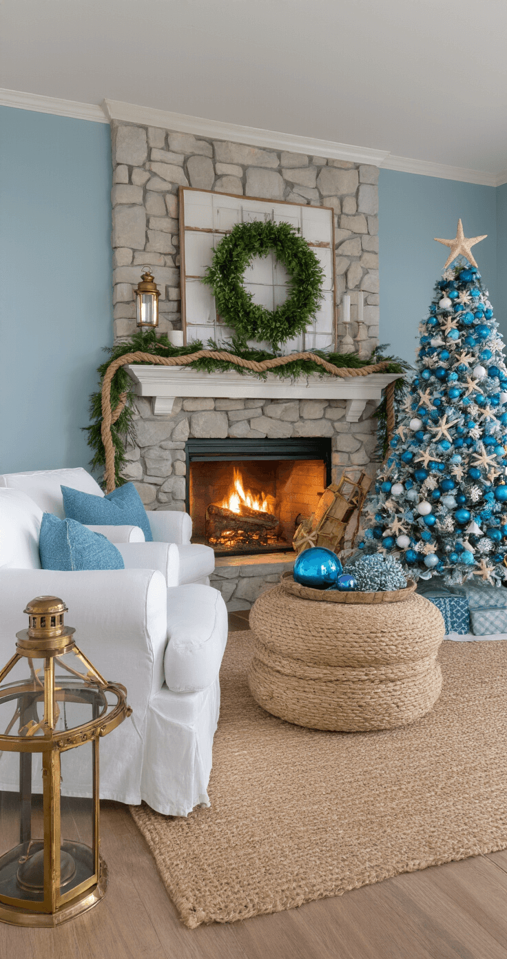 Coastal Christmas Decor: Transform Your Home into a Seaside Holiday Haven Cozy family room at twilight with a stone fireplace decorated with rope-wrapped garland and brass lanterns, featuring white slip-covered armchairs around a jute ottoman. A coastal Christmas tree with ombré blue ornaments and a starfish topper stands in the corner, illuminated by warm firelight against 'Ocean Air' colored walls, with a vintage brass telescope nearby.