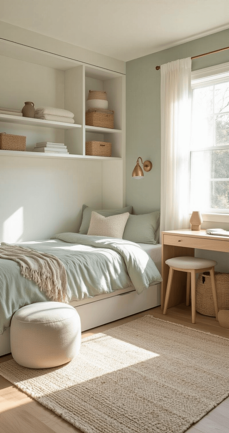 Transforming Small Bedrooms: Genius Space-Maximizing Design Secrets Interior of a compact 10x12ft bedroom with a Murphy bed against a white wall, built-in shelving, a fold-down light oak desk beneath a large window with sheer curtains, and a muted sage green and cream color palette. The room features a multifunctional light linen ottoman, metallic accents from modern sconces, and layered textures from a wool rug, woven baskets, and cotton bedding, all bathed in morning sunlight.