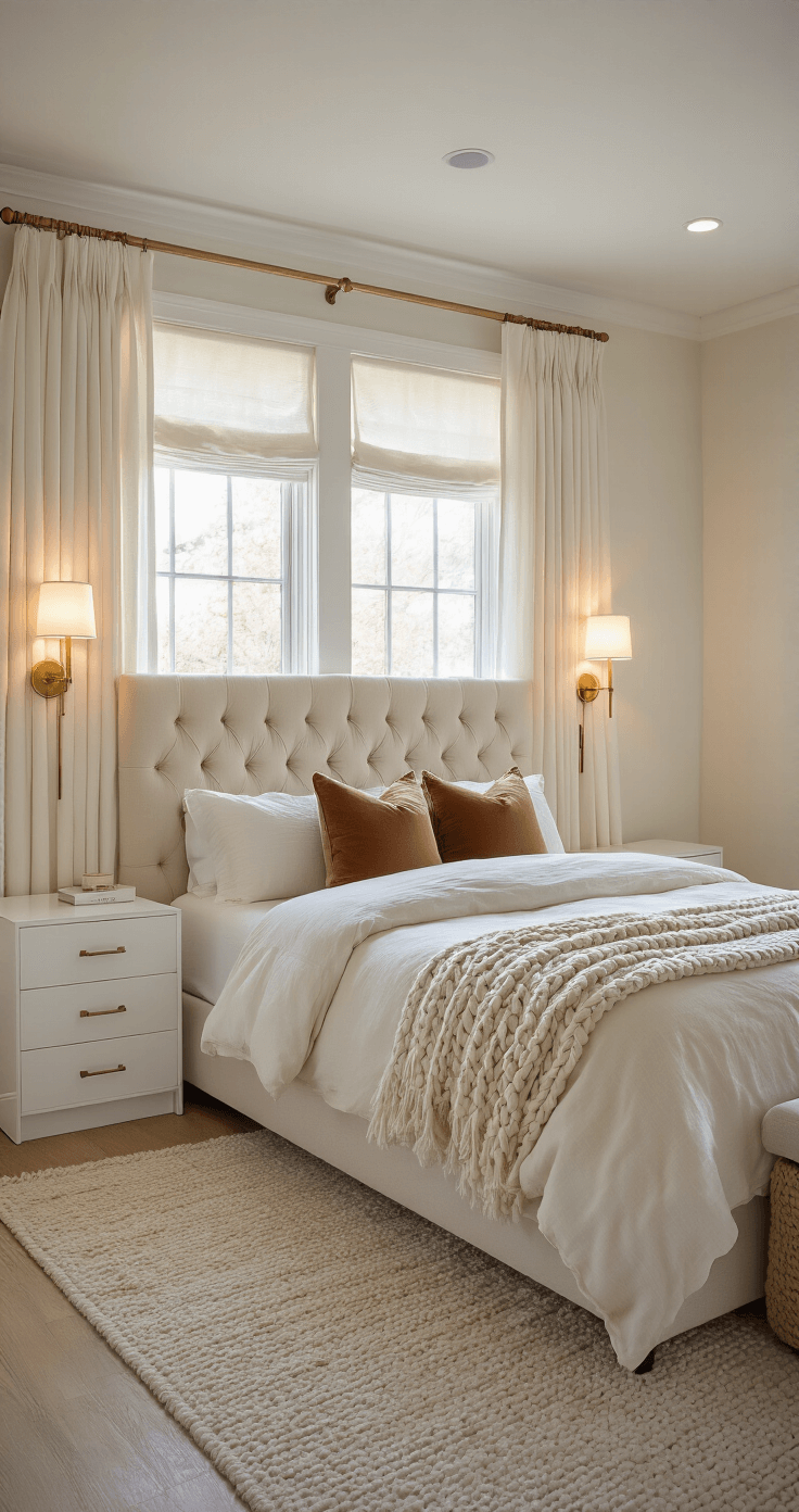 Transforming Small Bedrooms: Genius Space-Maximizing Design Secrets Cozy 9x11ft bedroom at golden hour with tufted cream linen headboard, wall-mounted sconces, custom white lacquer nightstands with charging stations, floor-to-ceiling ivory drapes, brass hardware accents, and layered lighting including a floor lamp, featuring velvet pillows and a chunky knit throw.
