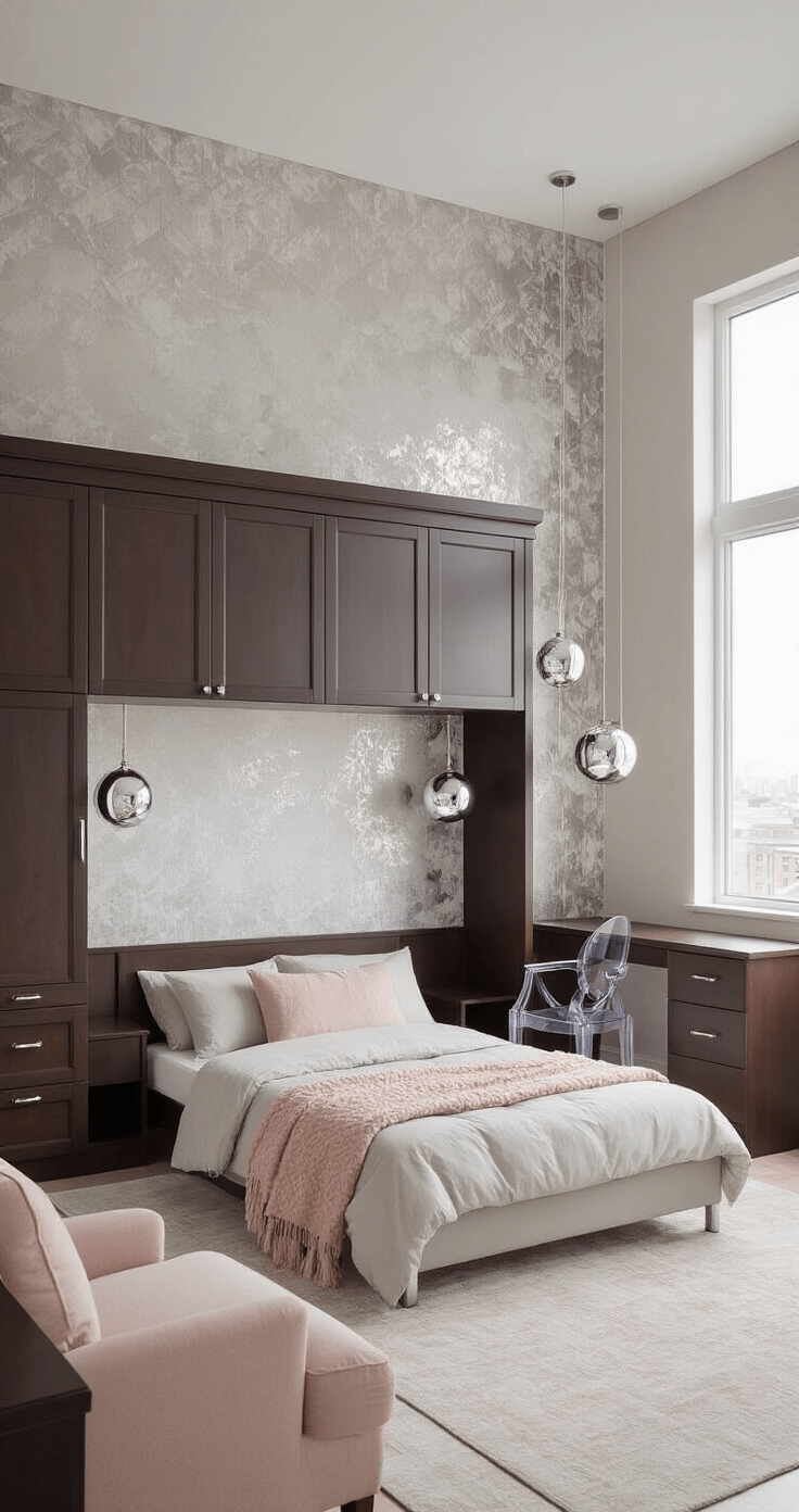 Transforming Small Bedrooms: Genius Space-Maximizing Design Secrets Elevated view of a modern 11x11ft bedroom featuring a Murphy bed system in espresso finish, integrated desk, and shelving. The room has reflective mercury glass lamps, metallic wallpaper, and a transparent acrylic chair. Decorated in a light gray and blush pink palette with chrome accents, strategic mirrors enhance natural light, while geometric patterns in textiles add minimal styling.