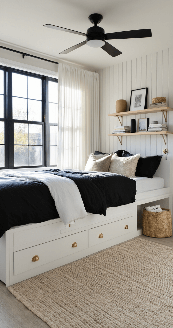 Transforming Small Bedrooms: Genius Space-Maximizing Design Secrets Ground-level view of a modern 9x10ft bedroom featuring white under-bed storage with brass pulls, floating nightstands, and black industrial-style windows framed by white curtains. The room has vertical stripe wallpaper and a neutral palette accented with black, white, and tan. A modern ceiling fan with LED light and carefully arranged shelf displays complete the scene.
