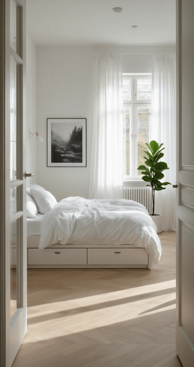 Bedroom Ideas for Small Rooms: Maximize Space, Style, and Comfort A Scandinavian minimalist bedroom featuring a low-profile platform bed with white linens, bathed in morning sunlight filtering through sheer curtains, with pale oak flooring, floating nightstands, and a potted fiddle leaf fig, captured in a wide-angle shot from the doorway.