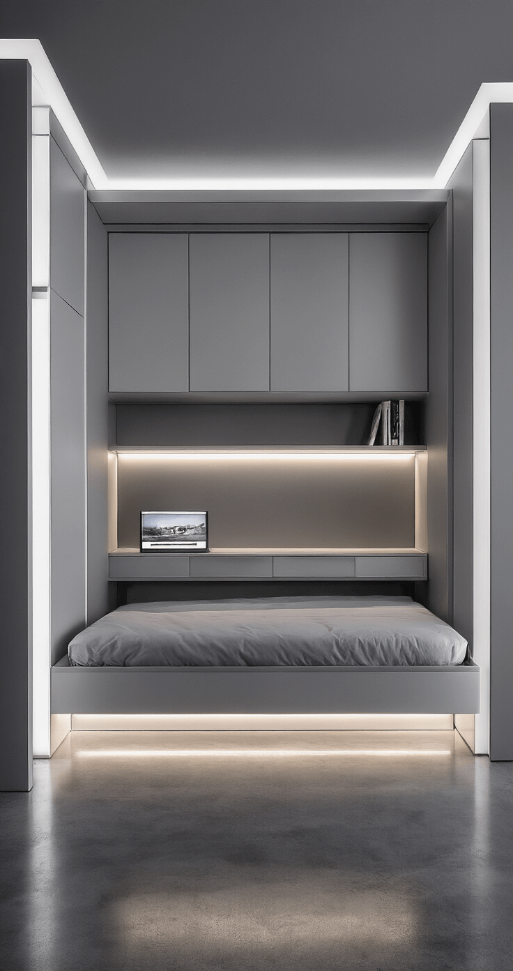 Bedroom Ideas for Small Rooms: Maximize Space, Style, and Comfort A modern chic bedroom measuring 9x11ft at dusk, featuring a closed Murphy bed that reveals a sleek built-in desk, a monochromatic grey color scheme with chrome accents, ambient LED strip lighting behind floating shelves, and polished concrete flooring reflecting uplighting, all captured from a high angle.