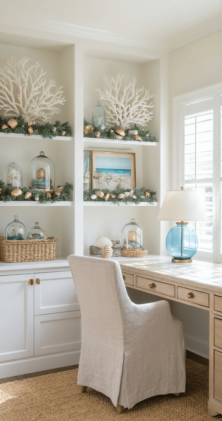 Coastal Christmas Decor: Transform Your Home into a Seaside Holiday Haven A bright and sophisticated home office with built-in shelves featuring coastal Christmas decorations, including white coral, metallic shell garlands, and glass cloches with beach scenes, illuminated by afternoon light. A bleached wood desk hosts a blue glass lamp and a linen-upholstered chair, with a sisal carpet adding texture.