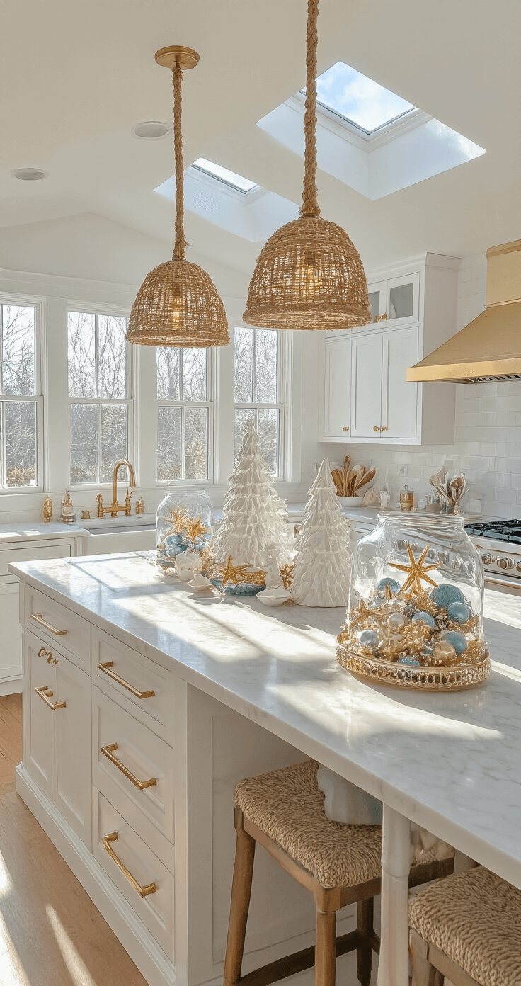 Coastal Christmas Decor: Transform Your Home into a Seaside Holiday Haven Brightly lit kitchen featuring white shaker cabinets and brass hardware, a marble-topped island adorned with coastal holiday decor including white ceramic trees and a gold starfish collection, under pendant lights with rope detail casting shadows, with morning light streaming through skylights.
