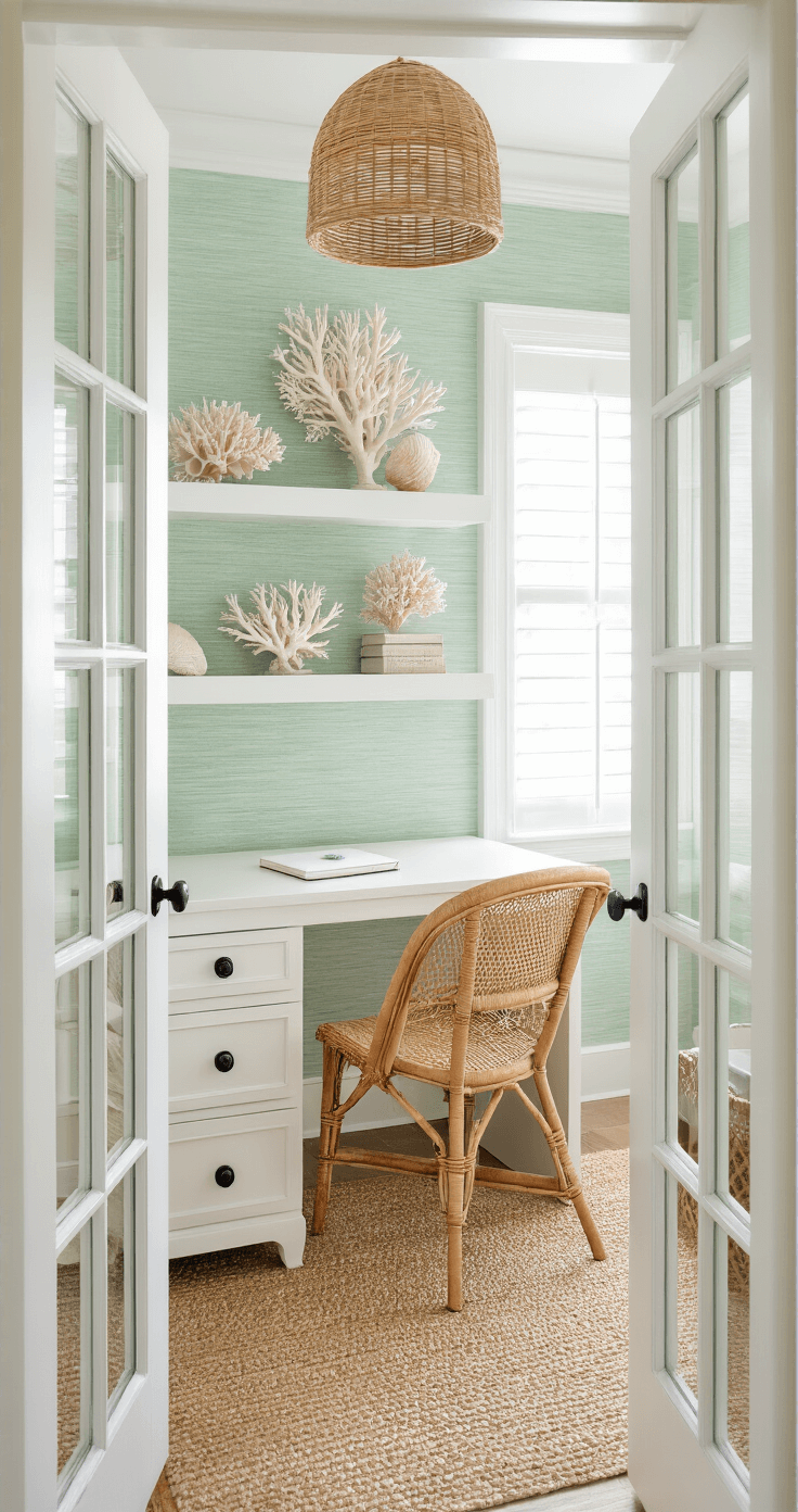 Florida Decor: Transform Your Home into a Sunny, Tropical Paradise A bright coastal home office featuring a white desk and rattan chair, mint green grasscloth wallpaper, vintage coral specimens on floating shelves, and a shell-adorned mirror, illuminated by morning light from French doors, captured from the doorway with a shallow depth of field.