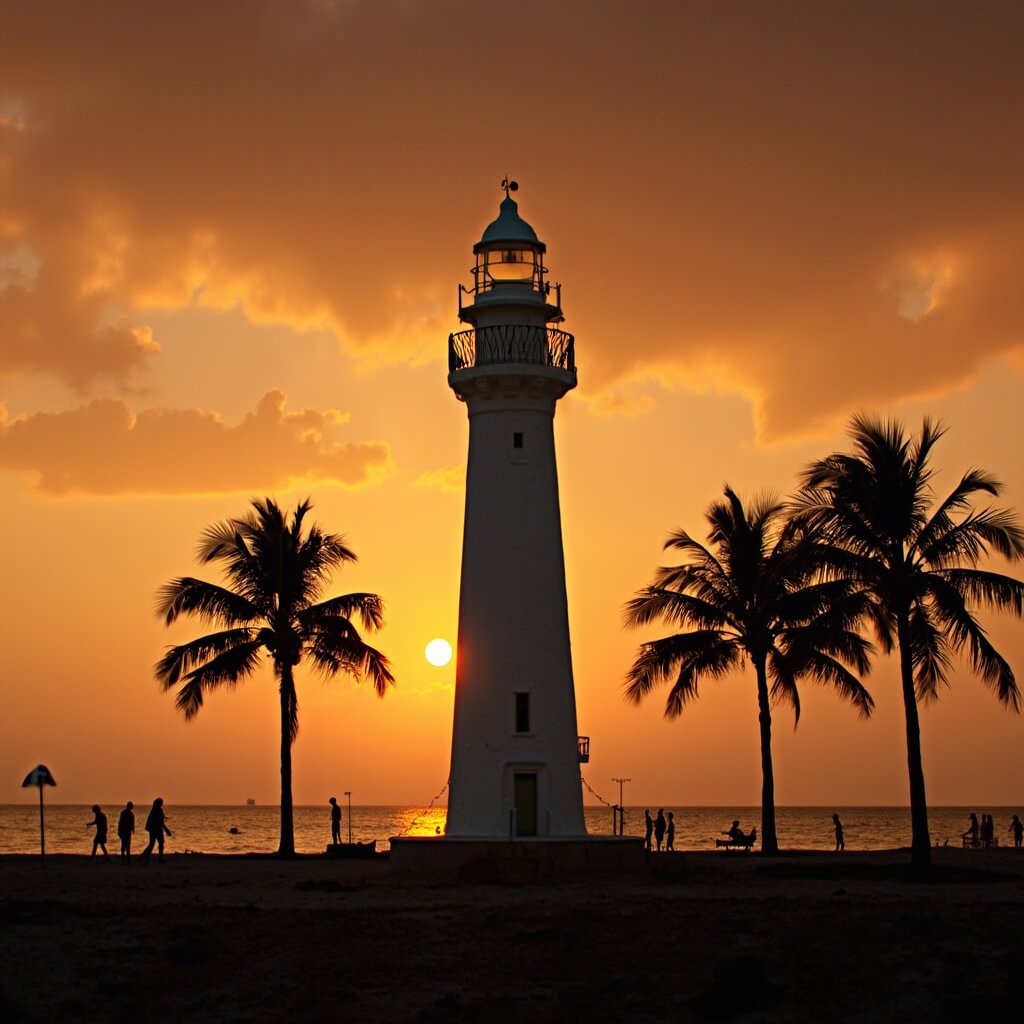 Miami in February: Your Ultimate Tropical Escape That's WAY More Than Just Beaches Iconic white lighthouse at Bill Baggs Cape Florida State Park during sunset with palm tree silhouettes, calm Biscayne Bay waters reflecting sunset colors, and beachgoers along the shore.