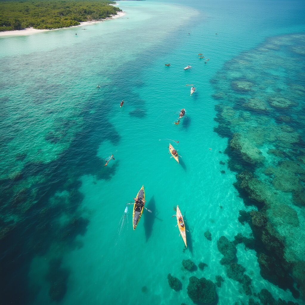 Miami in September: Your Ultimate Insider's Guide to a Secret Paradise 🌴🍹 Aerial view of Biscayne National Park featuring clear turquoise waters, visible coral reefs, snorkelers, kayaks, mangrove islands, and warm afternoon light.