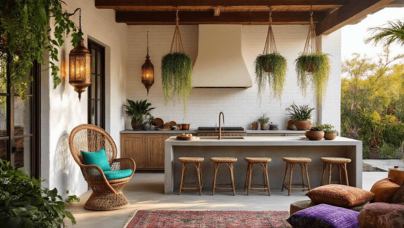 Cinematic wide-angle shot of a boho outdoor kitchen at sunset, featuring whitewashed brick walls with brass lanterns, a vintage peacock rattan chair, an antique copper sink, and Kilim cushions on industrial stools, all illuminated by Edison string lights.