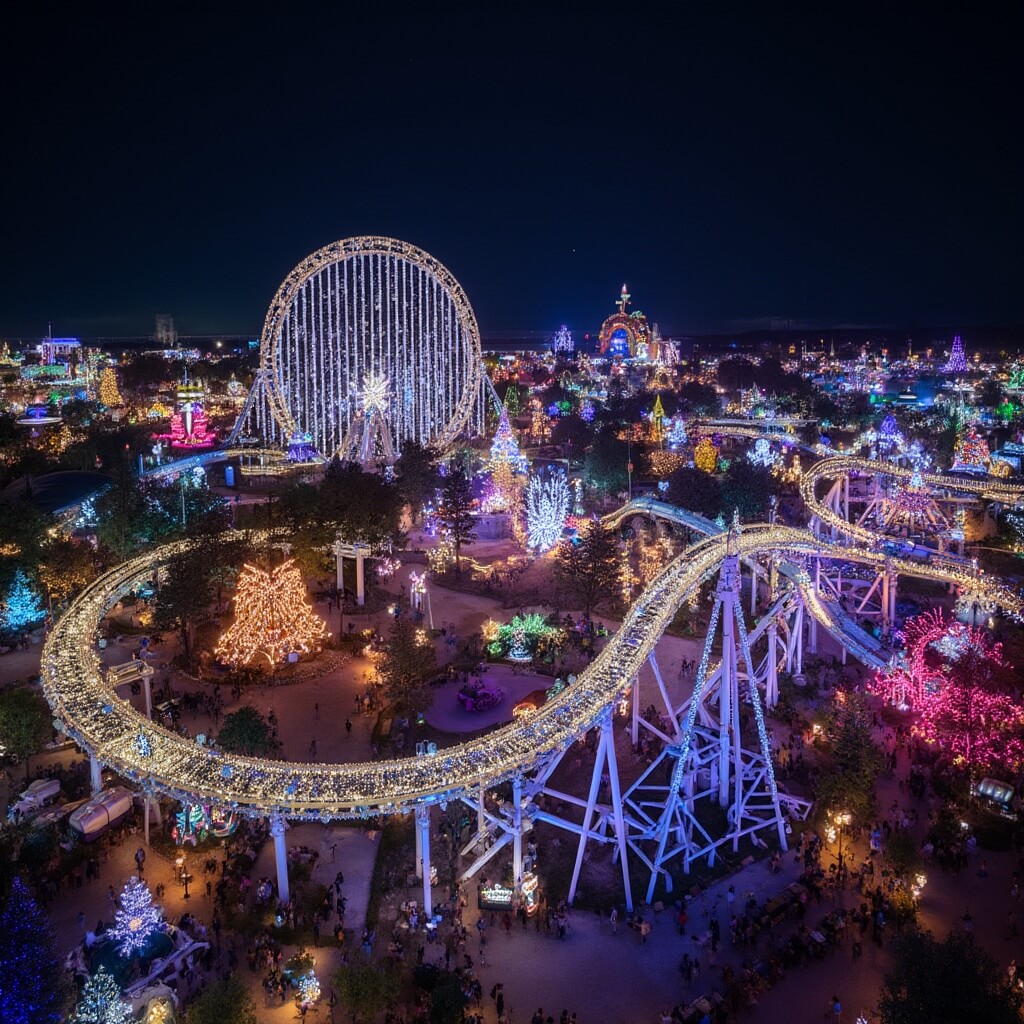 Why Tampa in November is Your Ultimate Fall Escape (Weather, Events & Hidden Gems Revealed!) Christmas lights illuminating the roller coaster tracks and landscape at Busch Gardens theme park at night, creating a magical winter wonderland effect with no people visible.