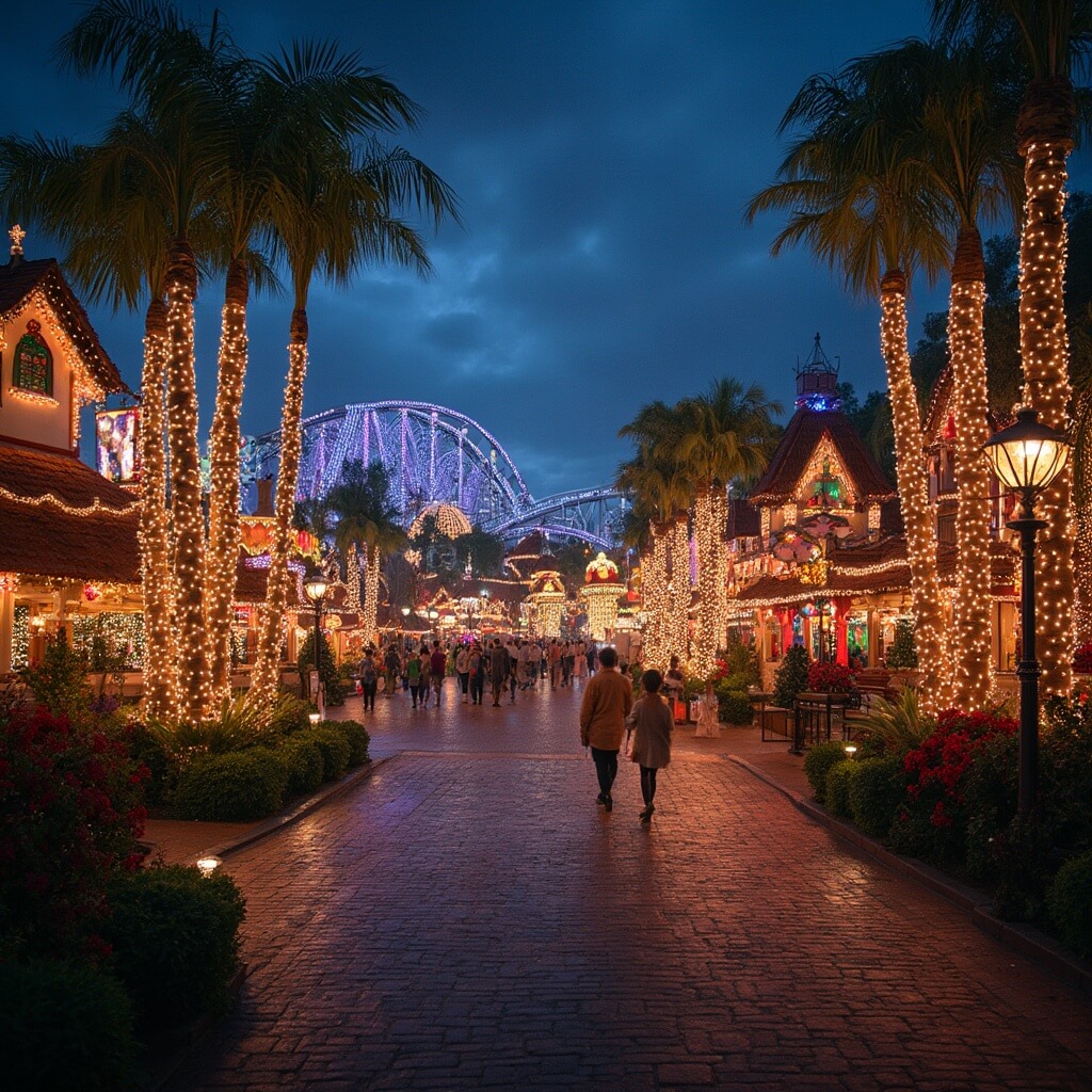 Why Tampa in December Might Just Be Your Perfect Winter Escape (Without the Freezing Cold!) Festive Christmas town at Busch Gardens with holiday decorations, twinkling lights, roller coaster tracks in distance, and magical holiday lighting in a warm evening atmosphere