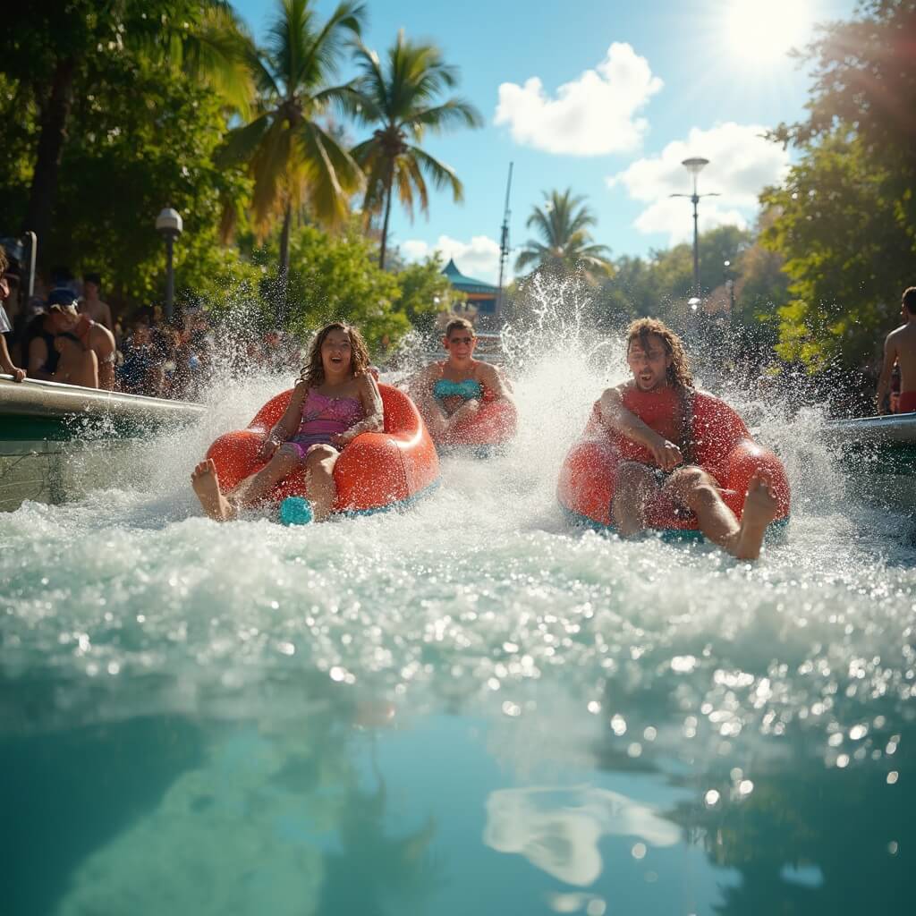 Tampa in August: Your Ultimate Insider's Guide to Surviving (and Thriving) in Florida's Hottest Month Excited visitors on refreshing water ride at Busch Gardens, sunlight creating dramatic effects on clear water and lush tropical vegetation