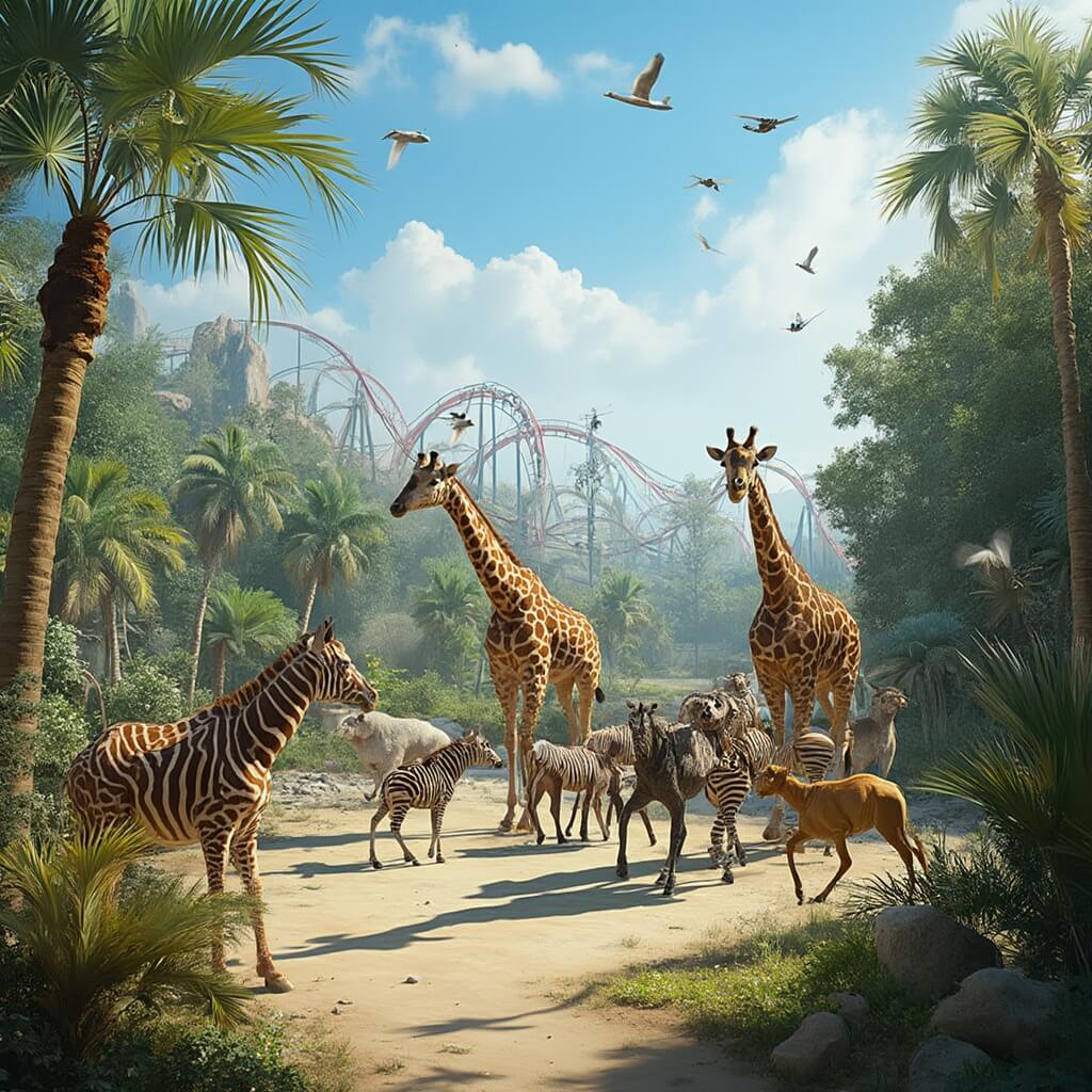 Tropical Paradise Awaits: Why Tampa in February is Your Ultimate Winter Escape Exotic wildlife including giraffes and zebras in naturalistic habitat at Busch Gardens Tampa Bay with roller coasters in background, under bright Florida sunlight amidst lush green vegetation in perfect February weather conditions