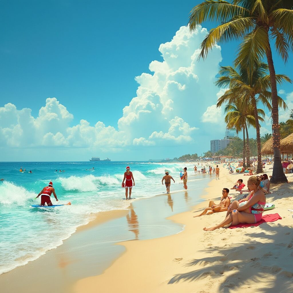 Surfers in Santa costumes riding waves at sun-drenched Cocoa Beach in December, with beachgoers relaxing on the sand and holiday lights adorned palm trees lining the shore.