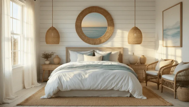 Coastal Bedroom Decor: Your Ultimate Guide to Creating a Serene Beach-Inspired Sanctuary A serene coastal bedroom with warm golden hour sunlight illuminating a king-sized bed, featuring crisp linens and a weathered shiplap wall, complemented by woven decor and natural textures.