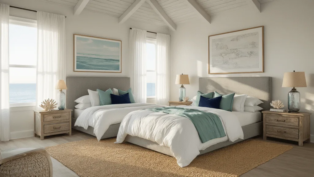 Bella Coastal Decor: Transform Your Home into a Seaside Sanctuary Photorealistic master bedroom with golden hour sunlight, featuring a king-sized bed with layered white and sea glass green linens, weathered gray headboard, decorative pillows, jute rug, oak nightstands, and coastal artwork, captured from a low corner angle with soft depth of field.