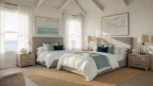 Bella Coastal Decor: Transform Your Home into a Seaside Sanctuary Photorealistic master bedroom with golden hour sunlight, featuring a king-sized bed with layered white and sea glass green linens, weathered gray headboard, decorative pillows, jute rug, oak nightstands, and coastal artwork, captured from a low corner angle with soft depth of field.