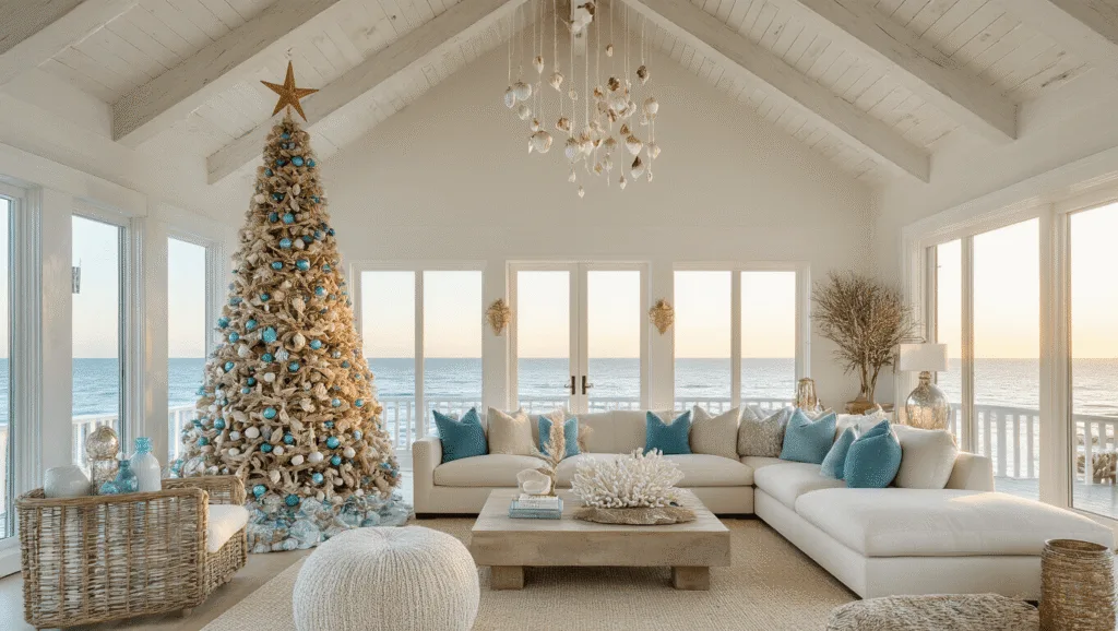 A luxurious coastal Christmas living room featuring a vaulted ceiling, a driftwood Christmas tree with shell ornaments, floor-to-ceiling windows, and ocean views, all bathed in golden hour light.