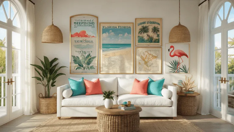 Florida Wall Decor: Bringing the Sunshine State's Vibrant Spirit into Your Home Photorealistic coastal living room with vintage Florida travel posters on a gallery wall, sunlit white linen sofa with coral and turquoise pillows, natural woven pendant lights, and herringbone wood floors reflecting golden hour light.