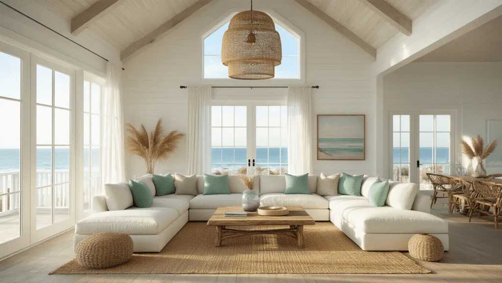 Coastal Decor Ideas: Transform Your Home into a Breezy Seaside Retreat A photorealistic interior shot of a spacious coastal living room featuring cathedral ceilings, golden hour sunlight streaming through floor-to-ceiling windows, a plush ivory L-shaped sectional with seafoam green and sand-colored pillows, a weathered driftwood coffee table on a natural jute rug, and an oversized rattan pendant light. The room has white shiplap walls and minimal coastal artwork, complemented by glass vases of dried pampas grass and billowing white gauzy curtains, captured in high detail with a soft bokeh effect.
