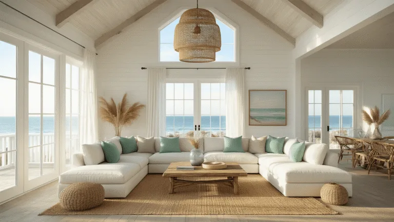 Coastal Decor Ideas: Transform Your Home into a Breezy Seaside Retreat A photorealistic interior shot of a spacious coastal living room featuring cathedral ceilings, golden hour sunlight streaming through floor-to-ceiling windows, a plush ivory L-shaped sectional with seafoam green and sand-colored pillows, a weathered driftwood coffee table on a natural jute rug, and an oversized rattan pendant light. The room has white shiplap walls and minimal coastal artwork, complemented by glass vases of dried pampas grass and billowing white gauzy curtains, captured in high detail with a soft bokeh effect.
