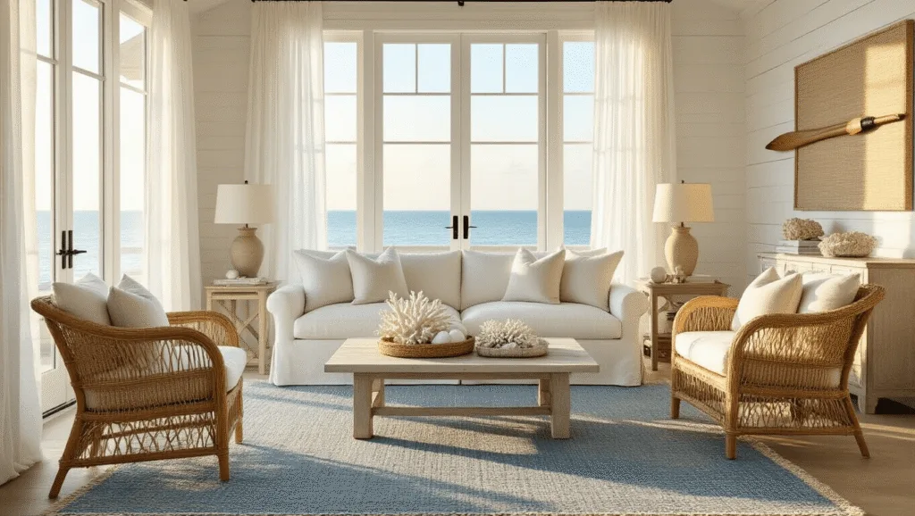 A serene coastal living room bathed in golden hour light featuring high ceilings, floor-to-ceiling windows, an ivory linen sofa, natural rattan chairs, layered rugs, and elegant decor items like coral specimens, sea glass, and hydrangeas.
